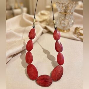 Vintage Red Wood Gold Tone Black Rope Necklace Cocktail Fashion Statement